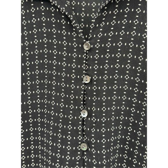 Talbots Silk Top Blouse Women Size 12 Large Black Sheer Geometric Ruffle Collar - Picture 5 of 12